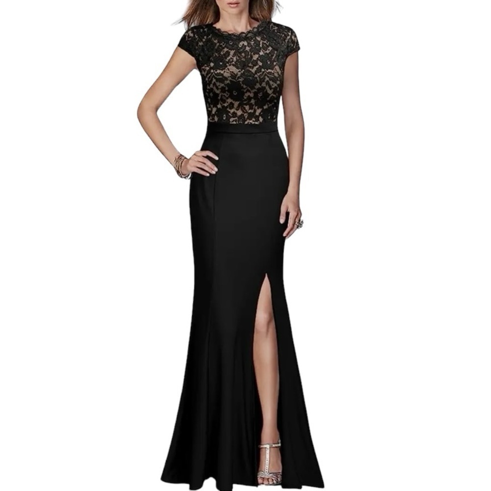 Rephyllis Retro Floral Lace Formal Dress Full Length Black Size 2XL